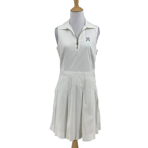 G/Fore Dress Women 4 White A Line Pleated Zip Polo Collar Sleeveless Golf Pocket - Picture 1 of 13